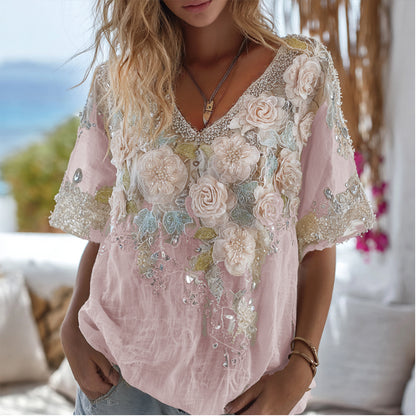 Bohemian White Rose Rhinestone V-neck Loose Retro Short-sleeve T-shirt