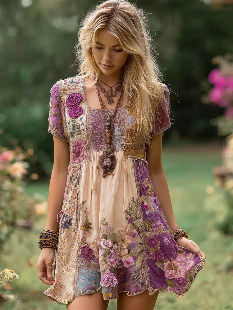 Purple Floral Boho Art Women's Linen Short Sleeve Mini Dress