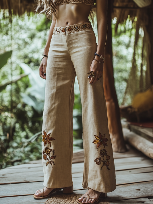 Women's Ethnic Embroidered Linen Casual Pants