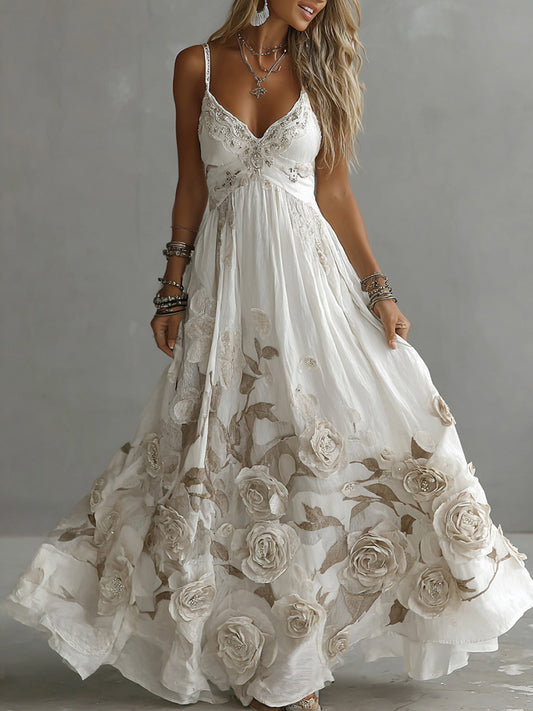 Women's Vintage Rose Embroidery Art V-neck Suspender Maxi Dress