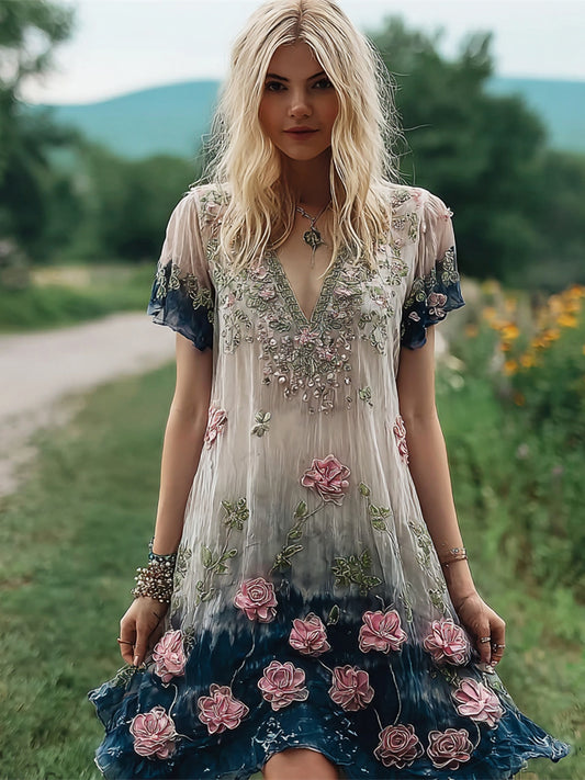 Vintage Boho Floral Sequin Embroidery Women's Flowing Short Sleeve Mini Dress
