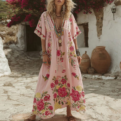 Women's Pink Rose Embroidery V-neck Short Sleeve Linen Blend Midi Dress