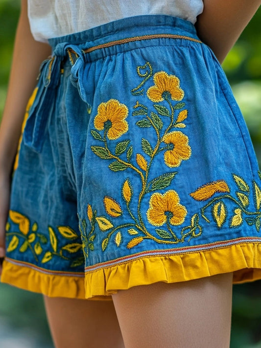Ukrainian Folk Floral Embroidered Linen Blend Comfy Shorts