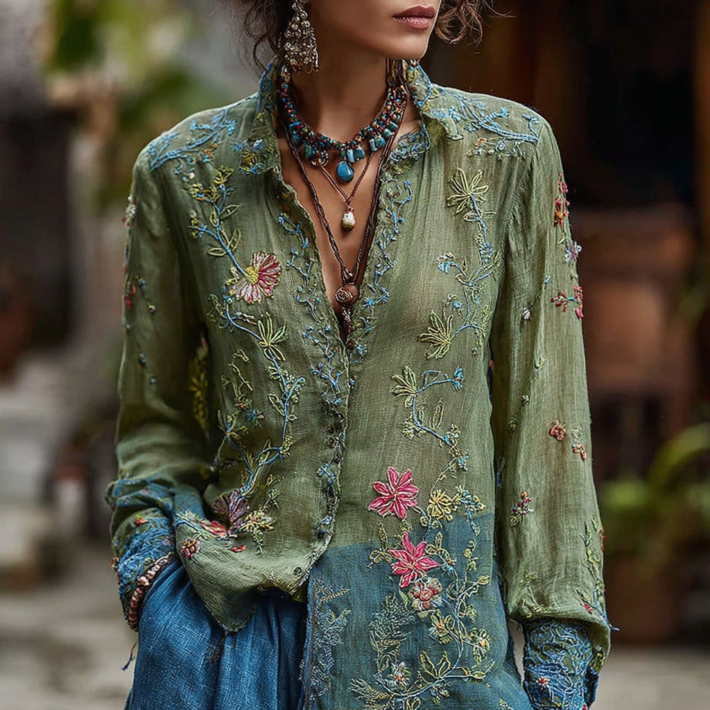 Women's Vintage Floral Embroidered Casual Shirt
