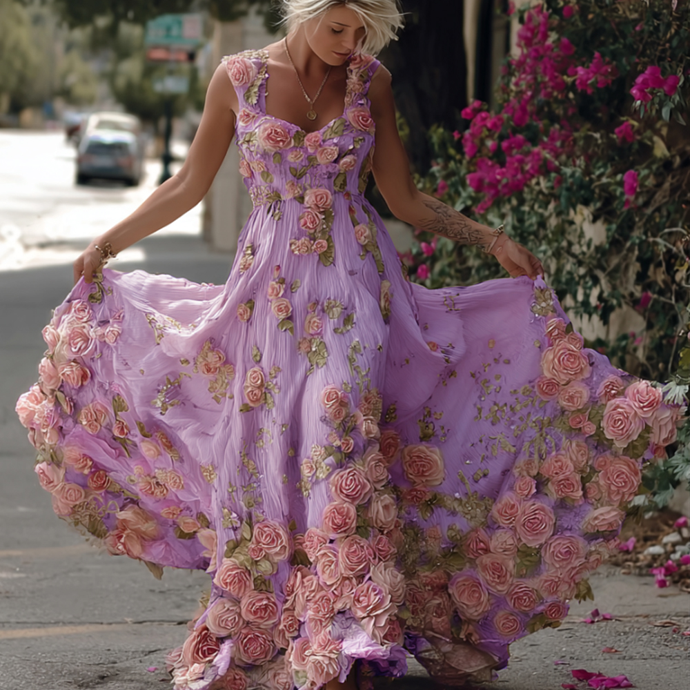 Bohemian Style Pink Rose Lightweight Vintage Style Long Dress With Straps