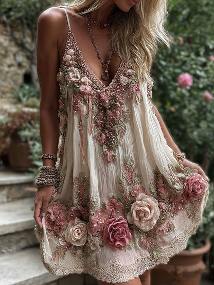 Women's Vintage Pink Rose Embroidery Art V-neck Suspender Mini Dress