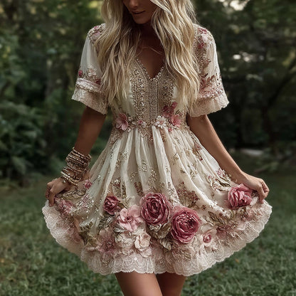 Women's Vintage Flowers Embroidery Art V-neck Short Sleeves Mini Dress