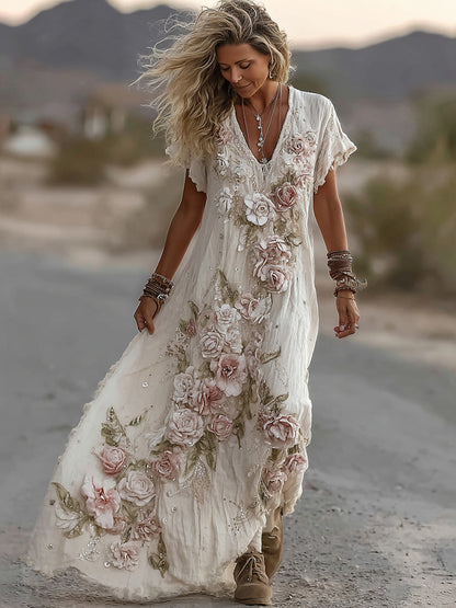 Women's Classic Romantic Pink Rose Embroidery Art Comfy Linen Midi Dress