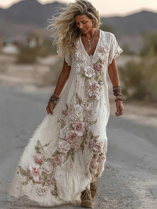 Women's Classic Romantic Pink Rose Embroidery Art Comfy Linen Midi Dress