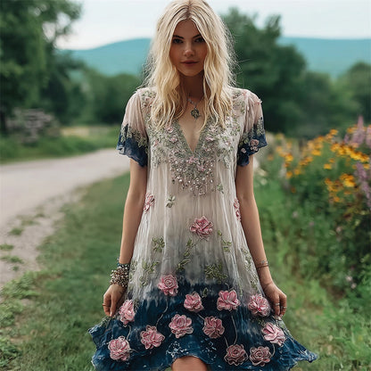 Vintage Boho Floral Sequin Embroidery Women's Flowing Short Sleeve Mini Dress