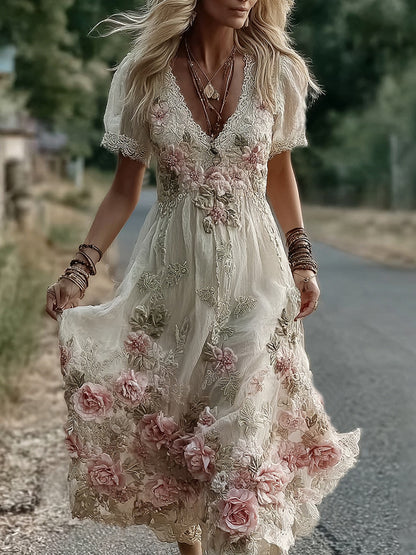 Women's Vintage Floral Embroidery V Neck Casual Maxi Dress