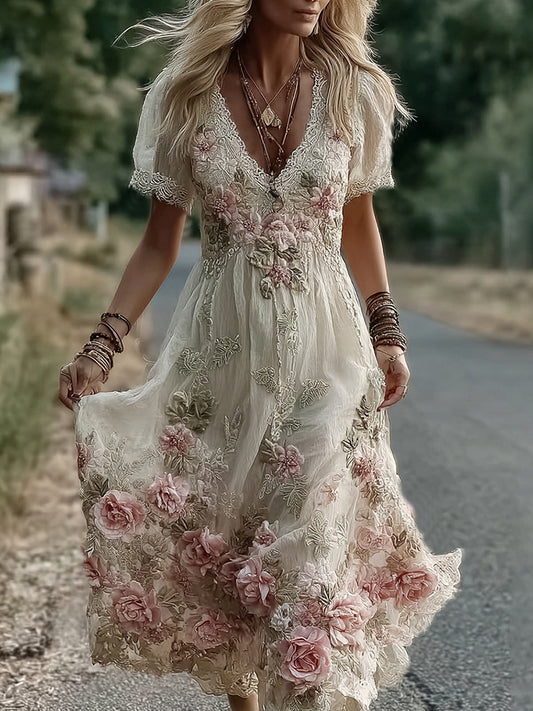 Women's Vintage Floral Embroidery V Neck Casual Maxi Dress