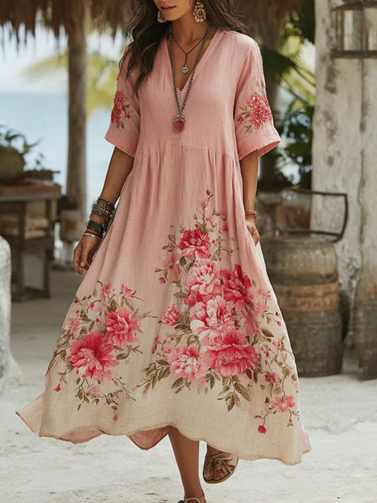 Women's Vintage Floral  Gradient Art Linen Midi Dress