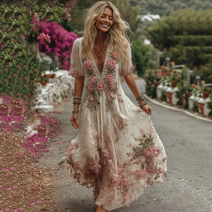 Women's Vintage Pink Rose Floral Embroidery Art Comfy Linen Maxi Dress
