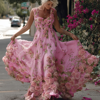 Bohemian Style Pink Rose Lightweight Vintage Style Long Dress With Straps