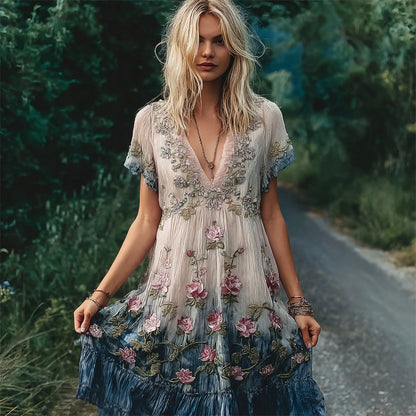 Vintage Boho Floral Sequin Embroidery Women's Flowing Short Sleeve Mini Dress