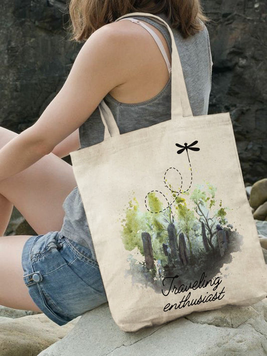 Travel Enthusiast & Dragonfly Print Canvas Bag