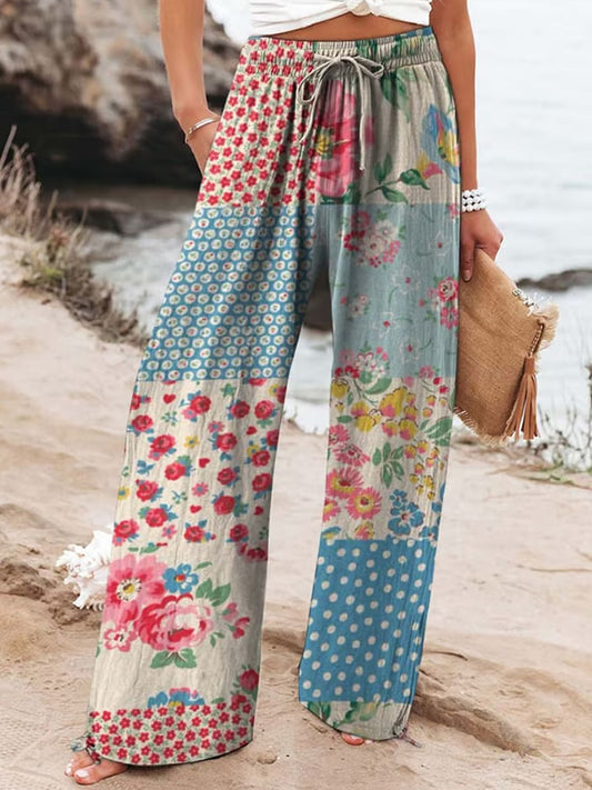 Women's Retro Botanical Floral Splicing Art Print Design Casual Pants