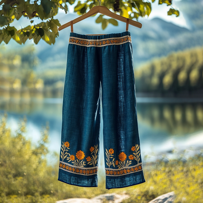 Vintage Embroidered Flower Linen Blend Wide Leg Casual Pants