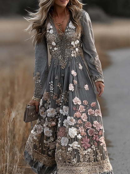 Women's Vintage Floral Art Comfy Linen Maxi Dress