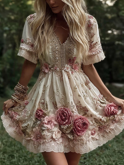 Women's Vintage Flowers Embroidery Art V-neck Short Sleeves Mini Dress