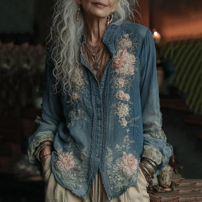 Women's Vintage Floral Embroidered Art Comfy Linen Shirt