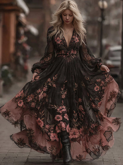 Vintage Rose Floral Lace Art V Neck Long Sleeve Maxi Dress