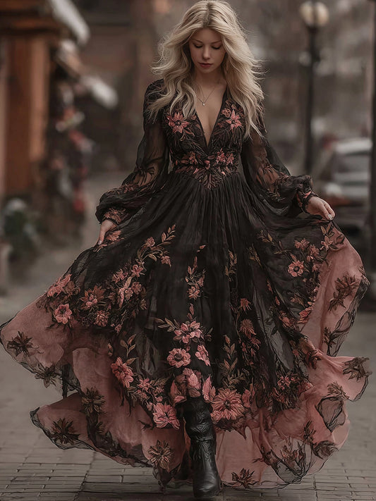 Vintage Rose Floral Lace Art V Neck Long Sleeve Maxi Dress