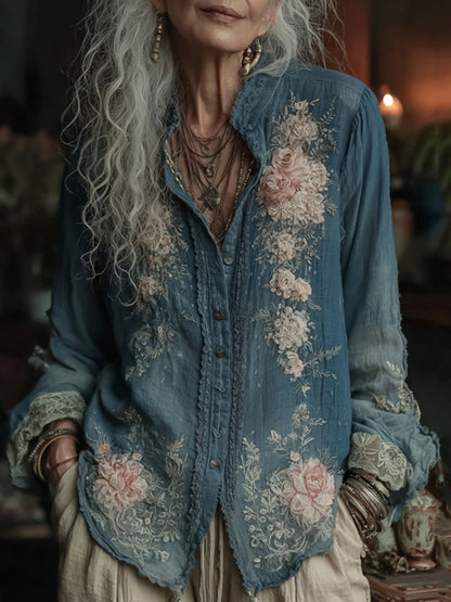 Women's Vintage Floral Embroidered Art Comfy Linen Shirt