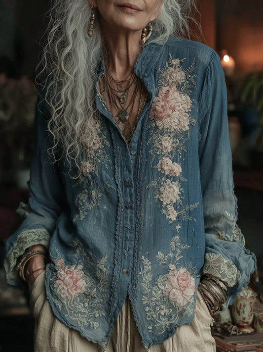 Women's Vintage Floral Embroidered Art Comfy Linen Shirt
