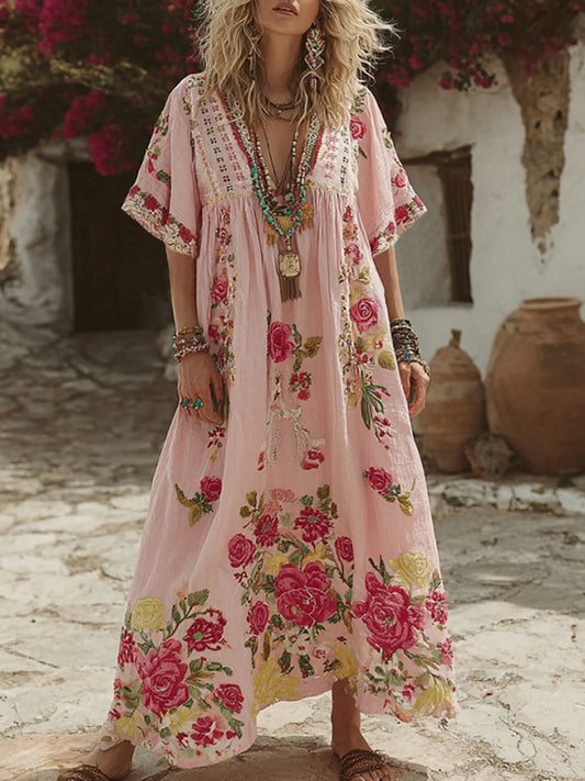 Women's Pink Rose Embroidery V-neck Short Sleeve Linen Blend Midi Dress