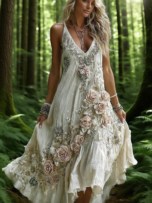 Women's Vintage Rose Embroidery V-neck Suspender Midi Dress