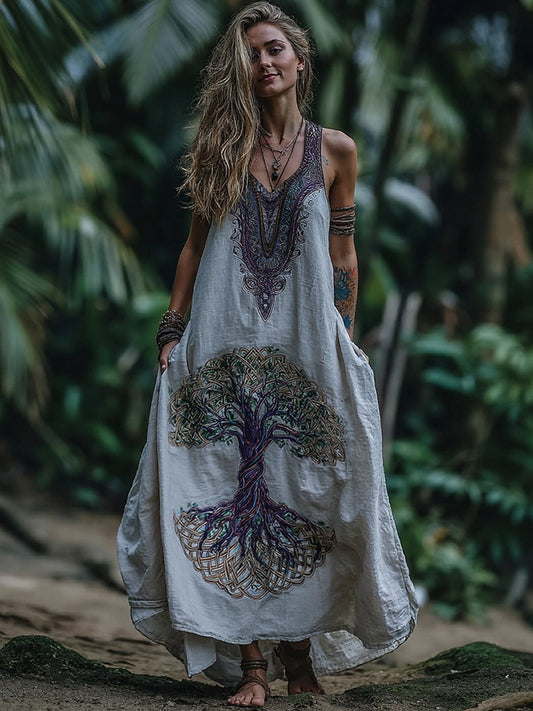 Women's Viking Tree Of Life Print V-neck Tank Midi Dress