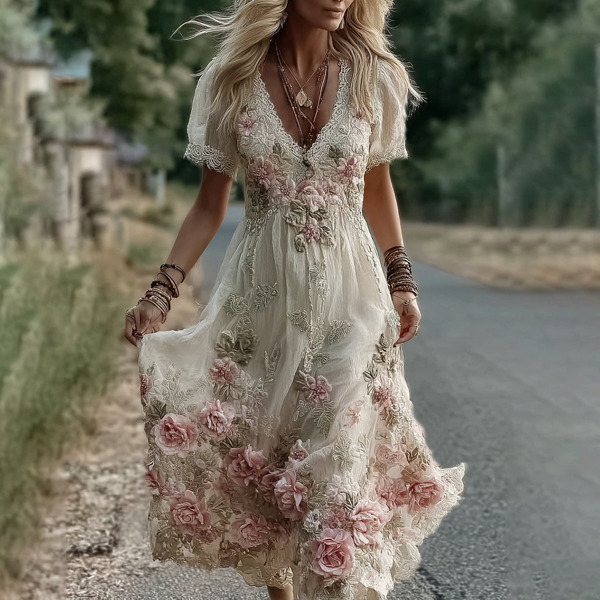 Women's Vintage Floral Embroidery V Neck Casual Maxi Dress