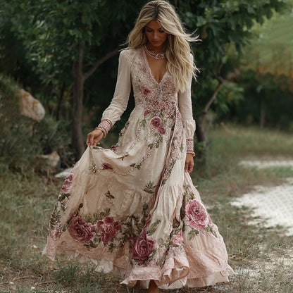 Women's Vintage Flowers Embroidery Art V-neck Long Sleeves Maxi Dress