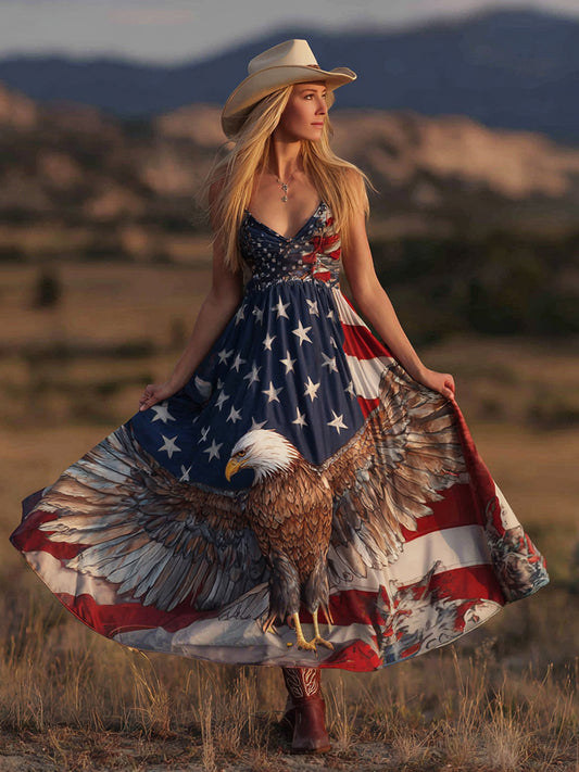 Independence Day Flag Eagle Print Sleeveless Midi Dress