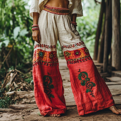 Women's Floral Embroidered Loose Linen Blend Pants