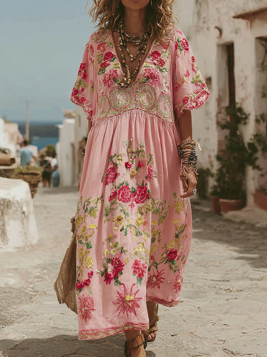 Women's Pink Rose Embroidery V-neck Linen Blend Midi Dress