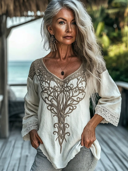 Women's Vintage Tribal Celtic Knot Lace V Neck Linen Shirt