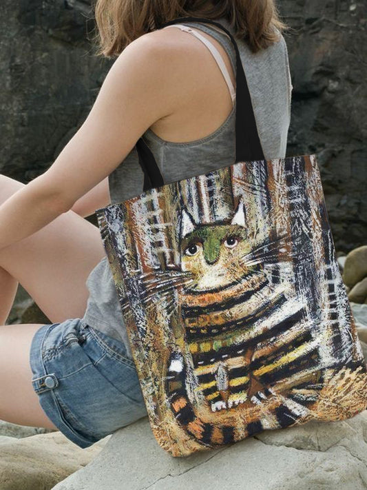 Vintage Abstract Cat Print Women's Canvas Bag