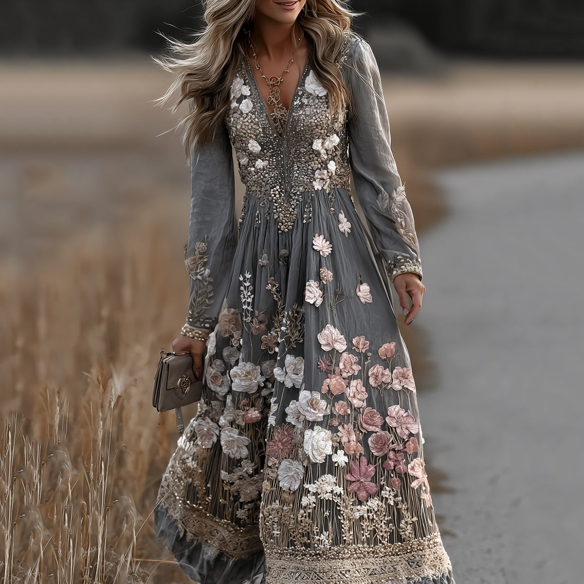 Women's Vintage Floral Art Comfy Linen Maxi Dress