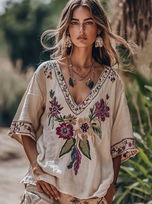 Women's Floral Embroidery V Neck Casual Linen Top