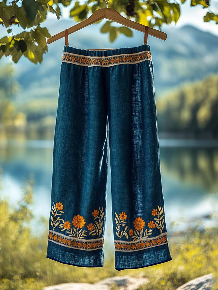 Vintage Embroidered Flower Linen Blend Wide Leg Casual Pants