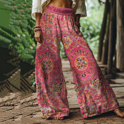 Holiday Vintage Floral Print Loose Linen Blend Pants