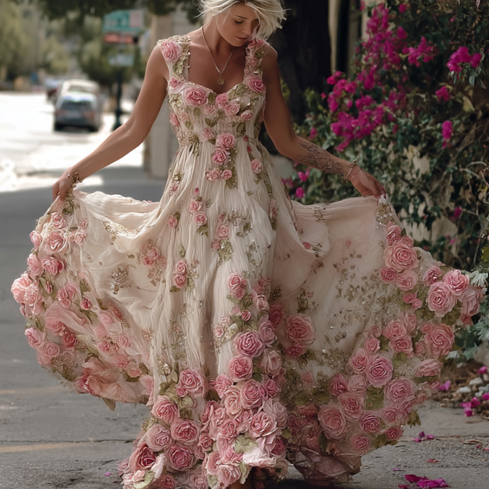 Bohemian Style Pink Rose Lightweight Vintage Style Long Dress With Straps