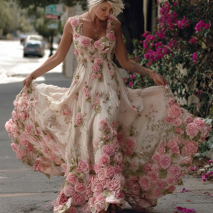 Bohemian Style Pink Rose Lightweight Vintage Style Long Dress With Straps