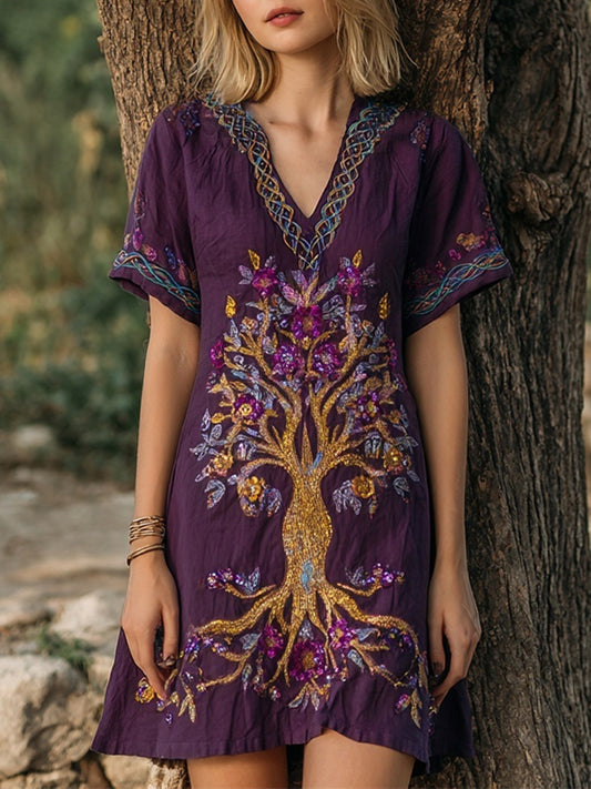Sequined Tree Of Life Floral Embroidery Women's Linen Short Sleeve V-neck Mini Dress