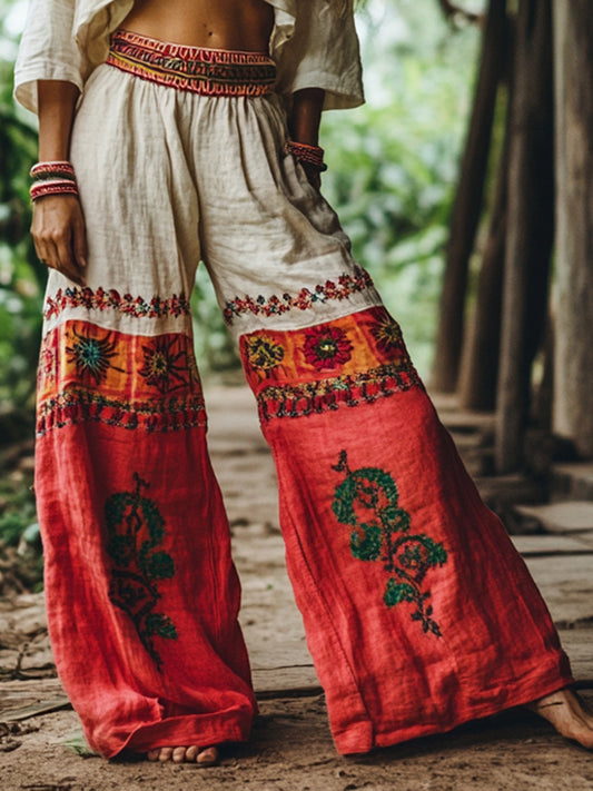 Women's Floral Embroidered Loose Linen Blend Pants