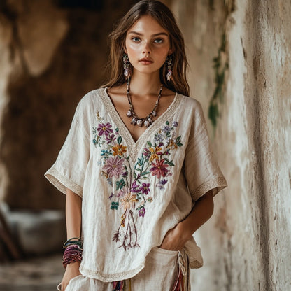 Women's Floral Embroidery V Neck Casual Linen Top