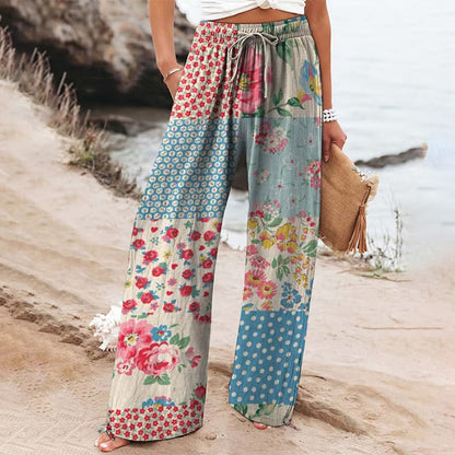 Women's Retro Botanical Floral Splicing Art Print Design Casual Pants
